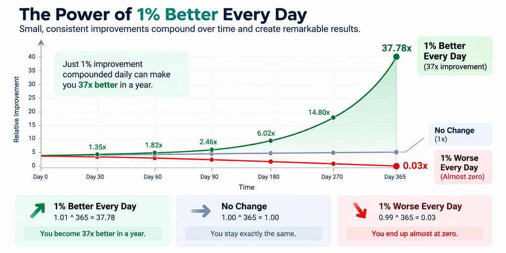 Compound growth chart showing the effect of getting 1 percent better every day