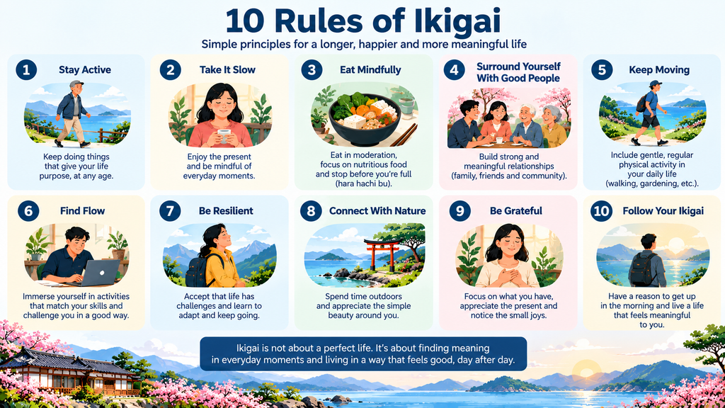 10 Rules of Ikigai infographic illustrating mindful eating, staying active, slowing down, building friendships, finding flow, resilience, nature, gratitude, and living with purpose.