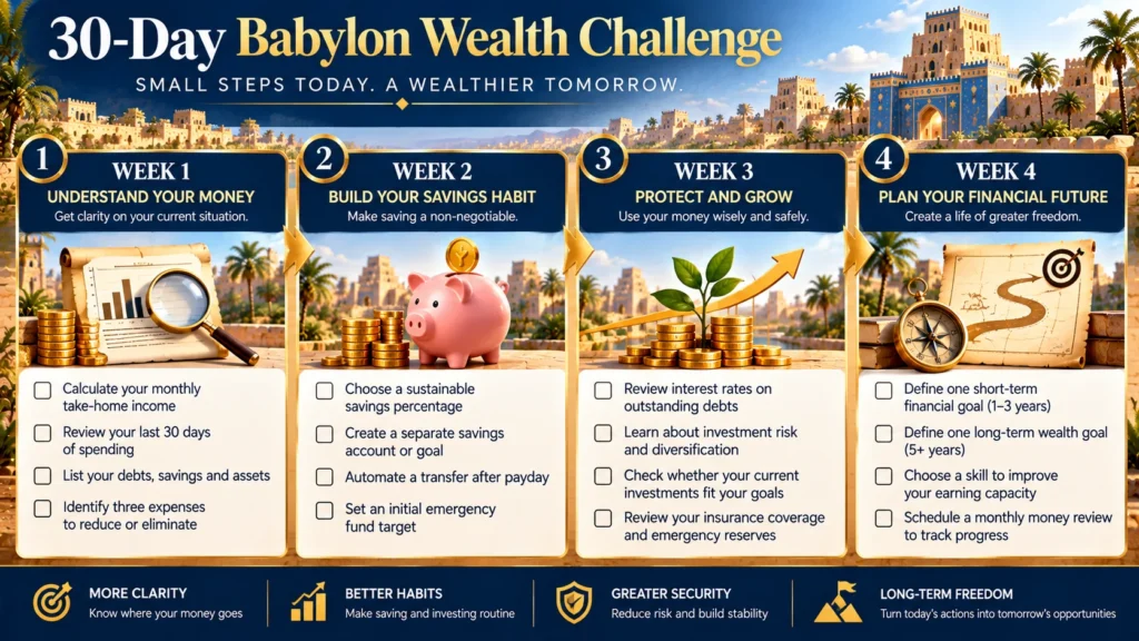 30-Day Babylon Wealth Challenge infographic showing four weeks of budgeting, saving, investment education, debt review, and long-term financial planning.