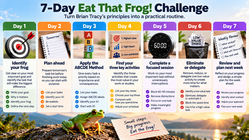 Seven-day Eat That Frog productivity challenge showing daily exercises for goal setting, planning, ABCDE prioritization, focused work, eliminating low-value tasks, and weekly review.