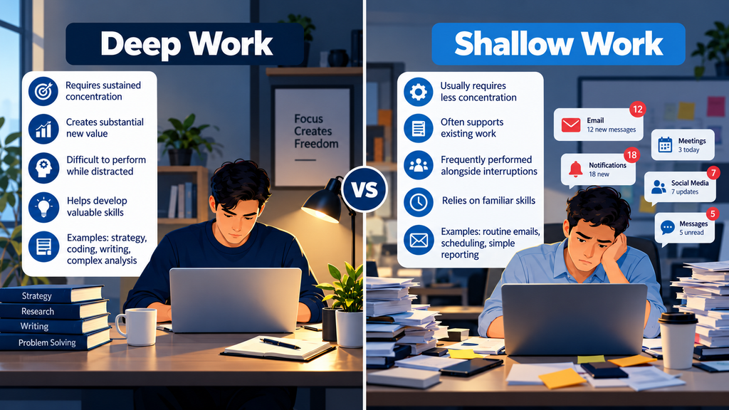 Side-by-side comparison of deep work requiring sustained concentration and shallow work involving routine tasks and interruptions.