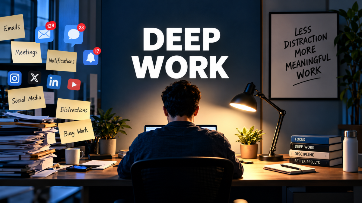 A calm, illuminated workspace surrounded by digital distractions, illustrating the power of deep work and sustained focus.