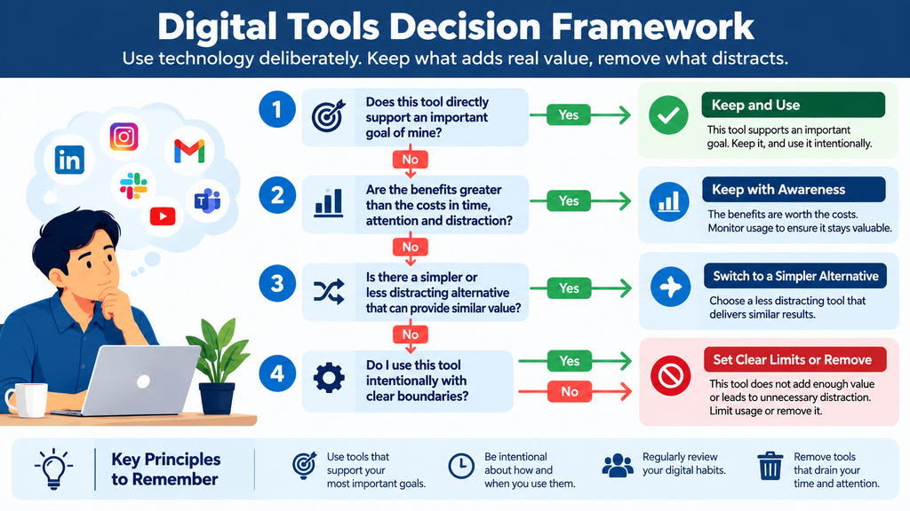 Digital Tools Decision Framework inspired by Cal Newport's Deep Work, showing how to evaluate apps and technology based on goals, benefits, distractions, and alternatives.