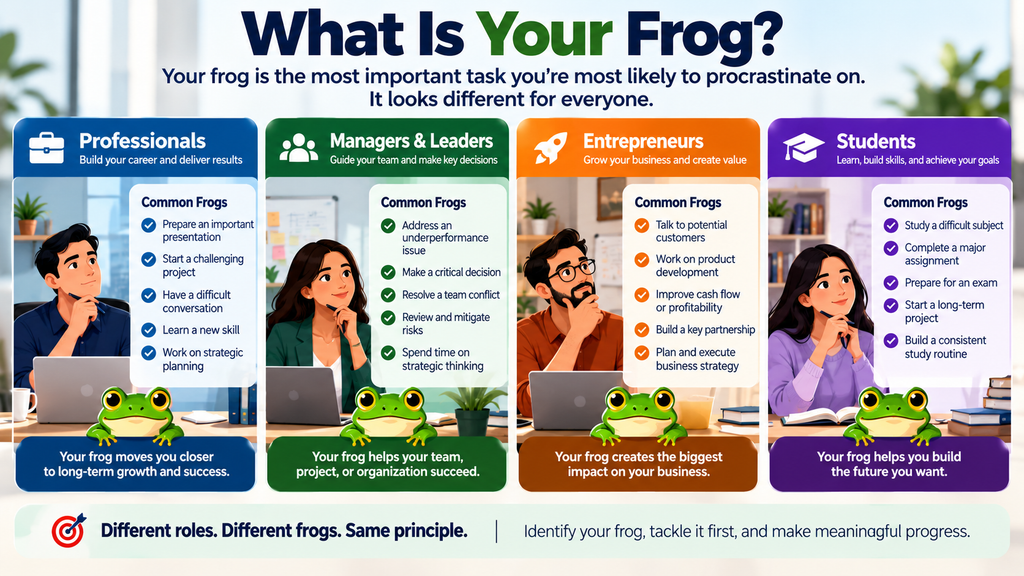 What Is Your Frog infographic showing important tasks for professionals, managers, entrepreneurs, and students, with examples of how to overcome procrastination.