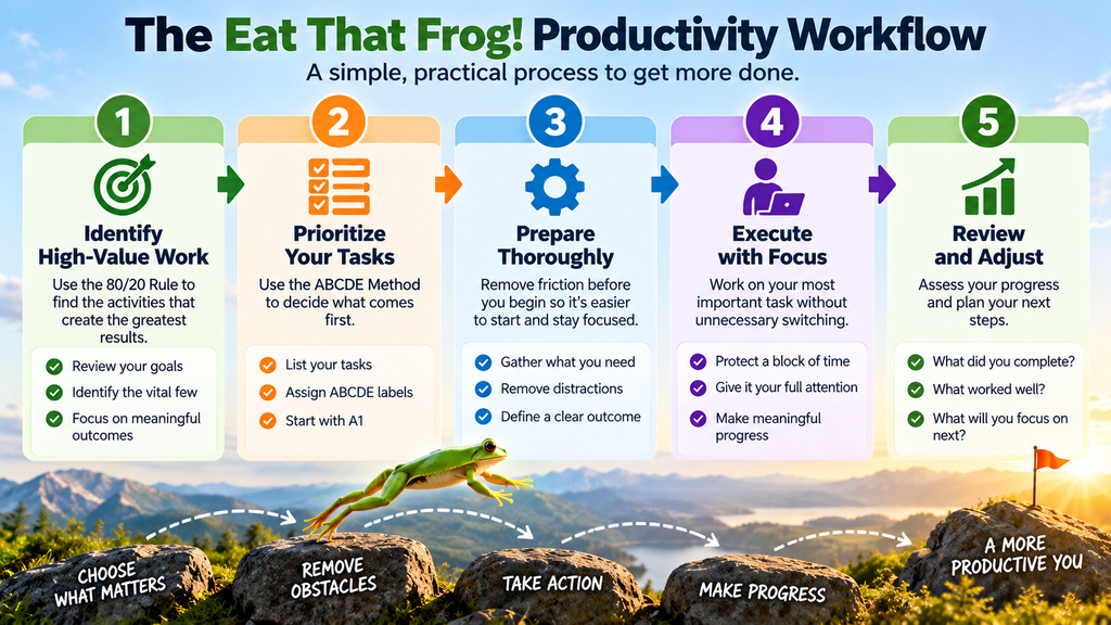 Five-step Eat That Frog productivity workflow showing how to identify high-value work, prioritize tasks using the ABCDE Method, prepare thoroughly, execute with focus, and review progress.