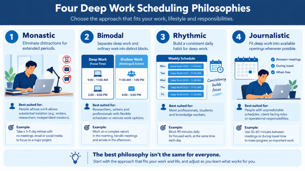 Infographic explaining Cal Newport’s four Deep Work scheduling philosophies—Monastic, Bimodal, Rhythmic, and Journalistic—with illustrations, key characteristics, and recommended users.