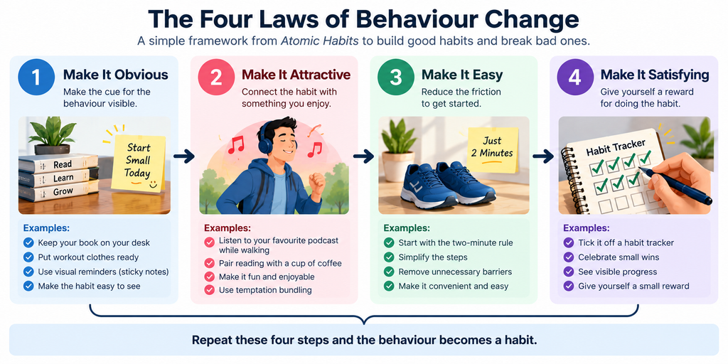Four Laws of Behaviour Change from Atomic Habits — make it obvious, attractive, easy and satisfying