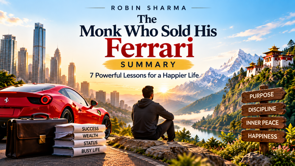 The Monk Who Sold His Ferrari Summary by Robin Sharma, featuring a red Ferrari, Himalayan monastery, and seven powerful lessons for a happier life.