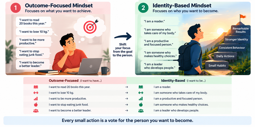 Identity-based habits diagram showing the shift from outcome-focused goals to identity-focused behaviour