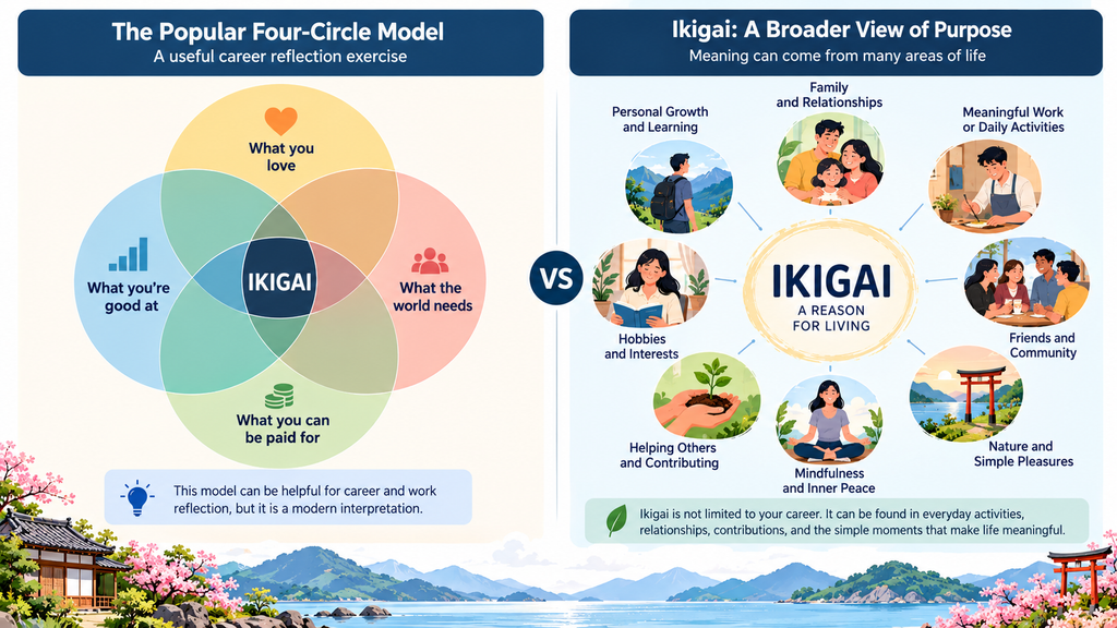 Ikigai book summary Infographic comparing the popular four-circle Ikigai model with the broader Japanese concept of finding purpose through family, friendships, personal growth, meaningful work, hobbies, and everyday experiences.