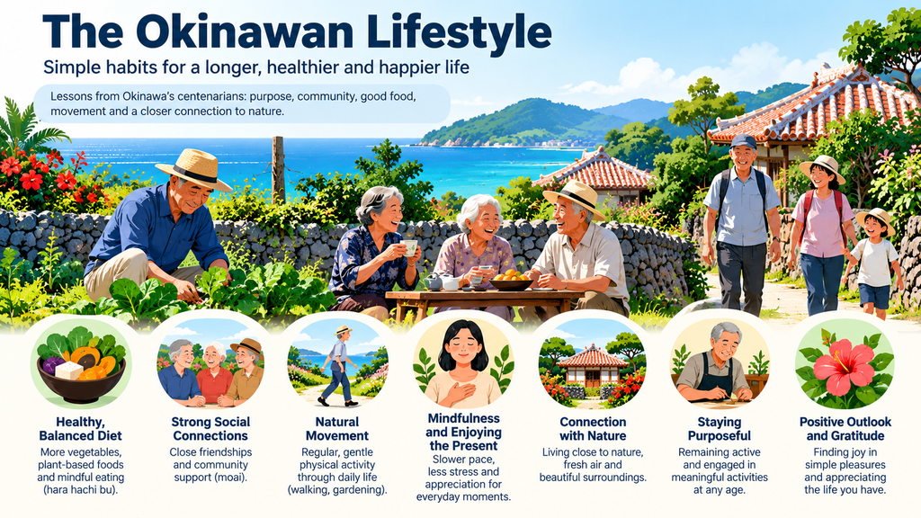 Infographic illustrating seven Okinawan lifestyle habits, including balanced eating, strong friendships, daily movement, mindfulness, nature, purposeful living, and gratitude.