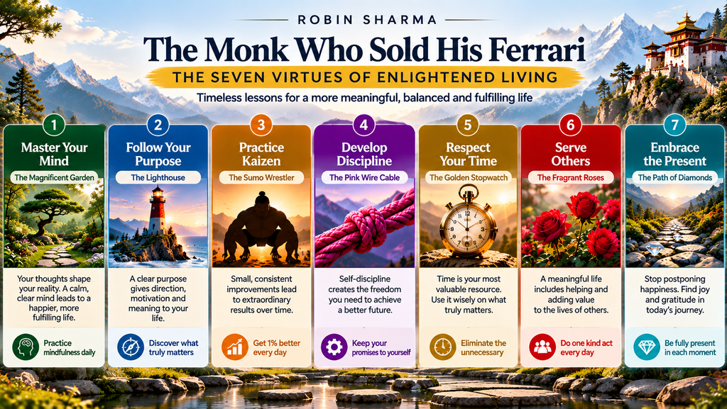 The Monk Who Sold His Ferrari infographic showing seven virtues: master your mind, follow your purpose, practice Kaizen, develop discipline, respect time, serve others, and embrace the present.