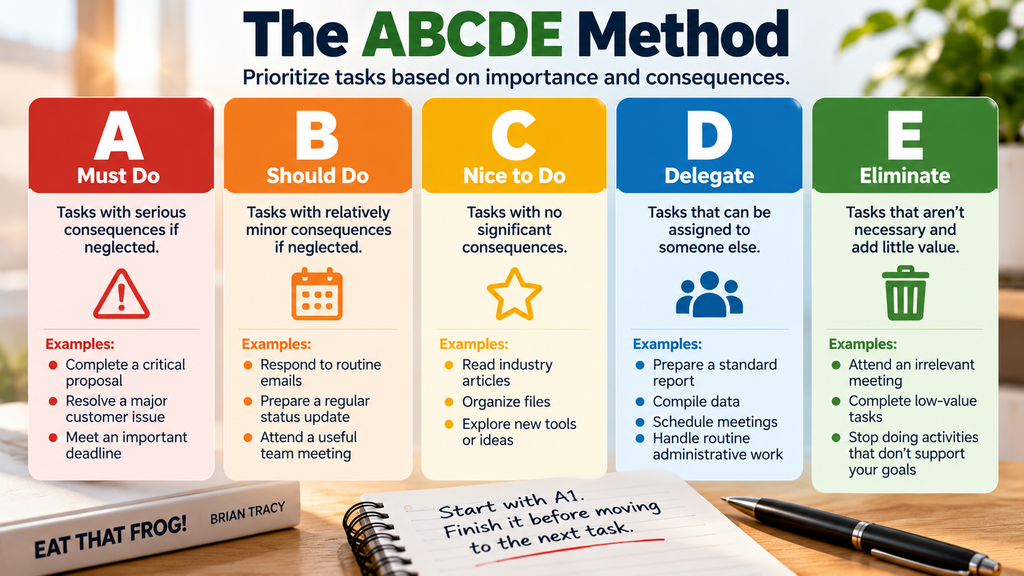 ABCDE Method from Brian Tracy's Eat That Frog, showing five task categories: A Must Do, B Should Do, C Nice to Do, D Delegate, and E Eliminate, with practical examples.