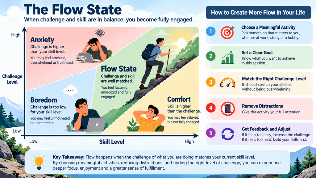 Flow State Challenge-Skill Diagram illustrating how balancing challenge and skill creates flow, while mismatched levels lead to anxiety, boredom, or comfort.