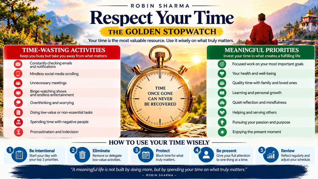 Golden stopwatch infographic from The Monk Who Sold His Ferrari showing time-wasting activities, meaningful priorities, and five ways to use time wisely.