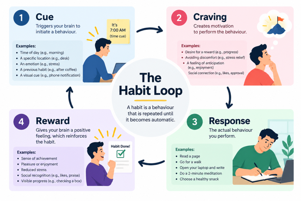 Atomic Habits habit loop diagram showing cue, craving, response and reward
