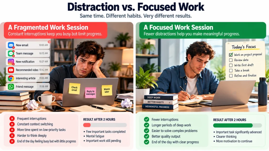 Distraction vs. focused work comparison showing a professional interrupted by notifications alongside a distraction-free workspace