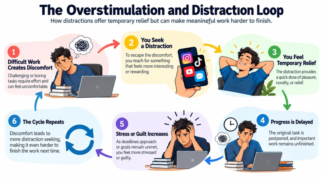 Six-stage overstimulation and distraction loop showing how difficult work leads to distraction seeking, temporary relief, delayed progress, and repeated avoidance.