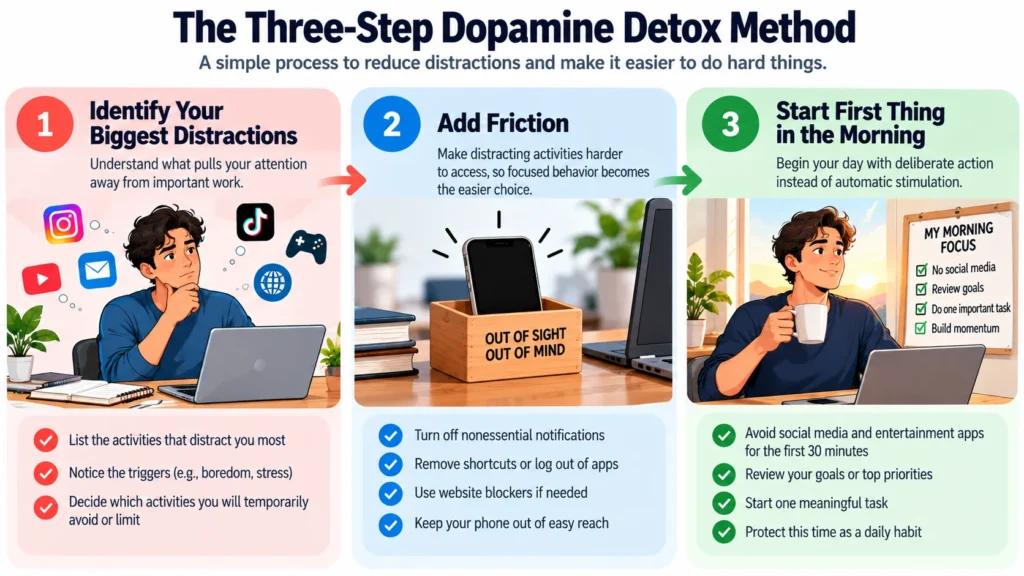 Three-step dopamine detox method showing how to identify distractions, add friction, and start the morning with focused action