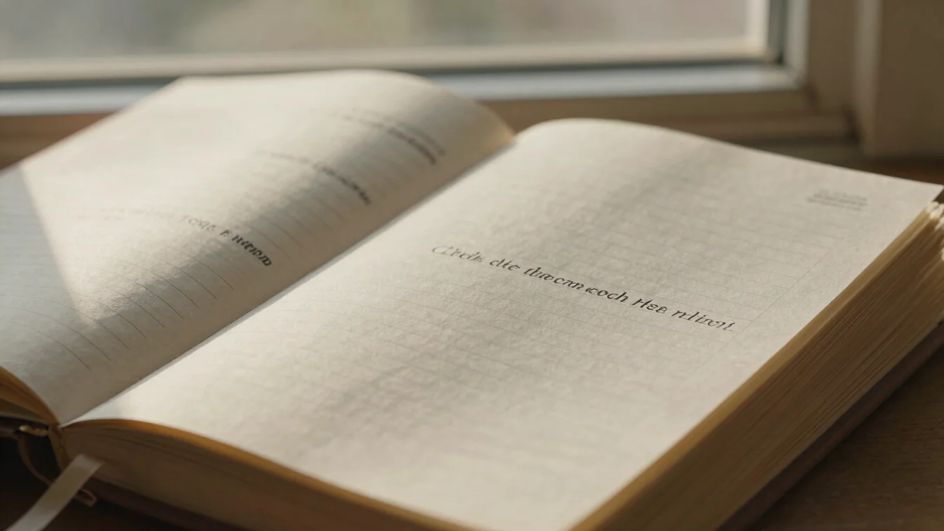 Warm editorial close-up of open pages with margin notes and a bookmark, soft daylight, rich paper texture.