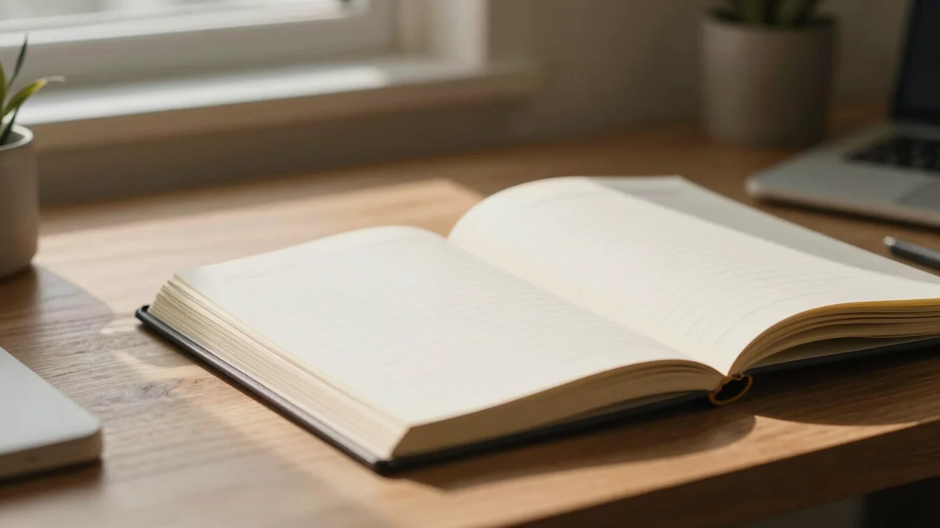 Thoughtful desk setup with a journal, open book, and soft window light casting gentle shadows.