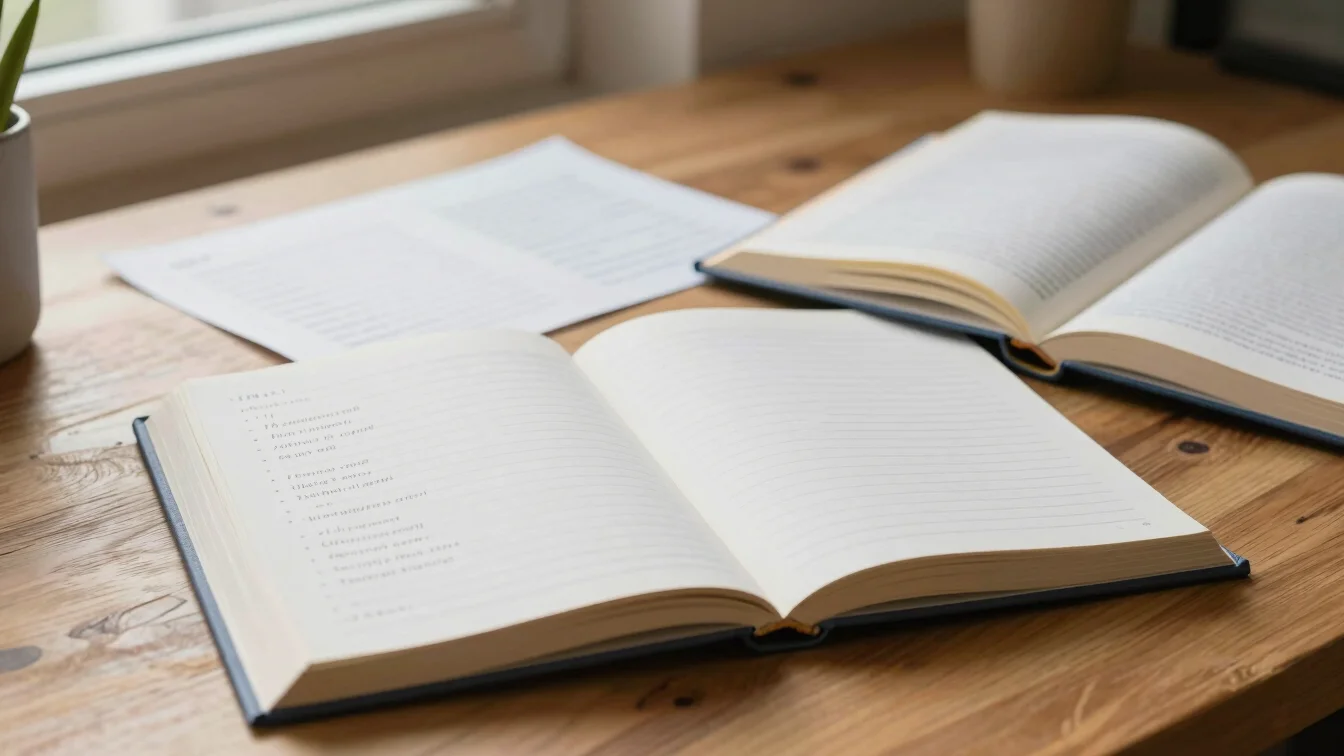 Clean editorial shot of study tools, organized notes, and an open hardcover book on a wooden desk.