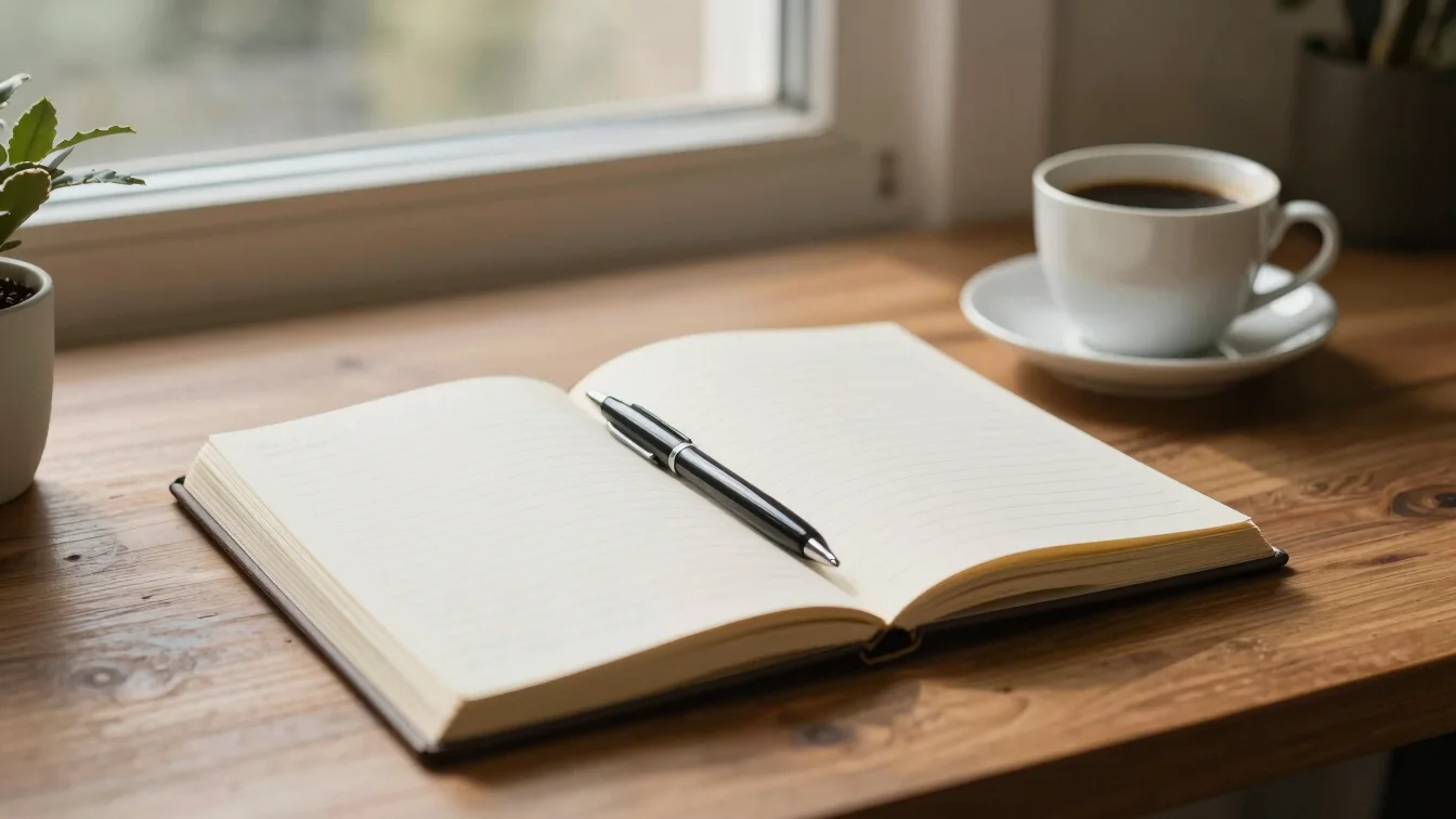 Warm editorial desk setup with an open notebook, pen, and a cup of coffee under natural window light
