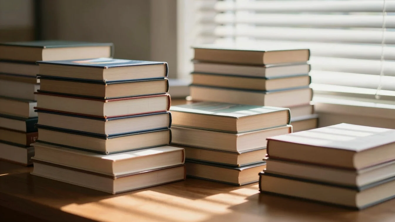 Stack of non-fiction books on a wooden table with soft morning sunlight filtering through blinds
