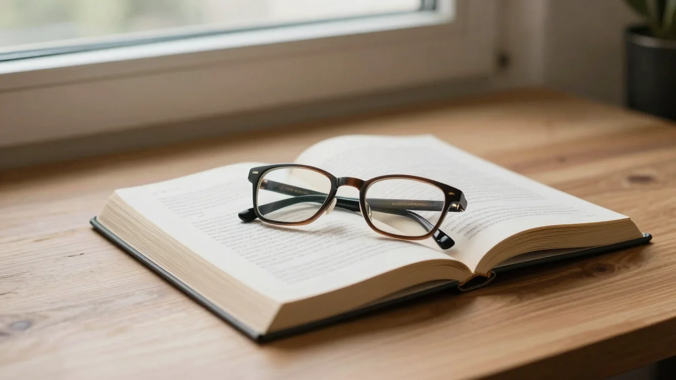 Minimalist study space with reading glasses resting on a freshly annotated page of a book