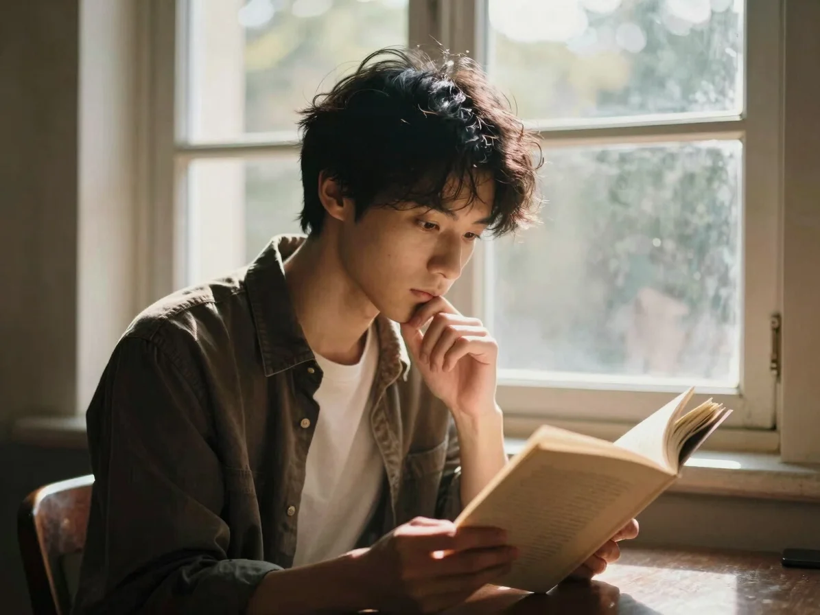 Warm editorial portrait of a person reading thoughtfully by a sunlit window