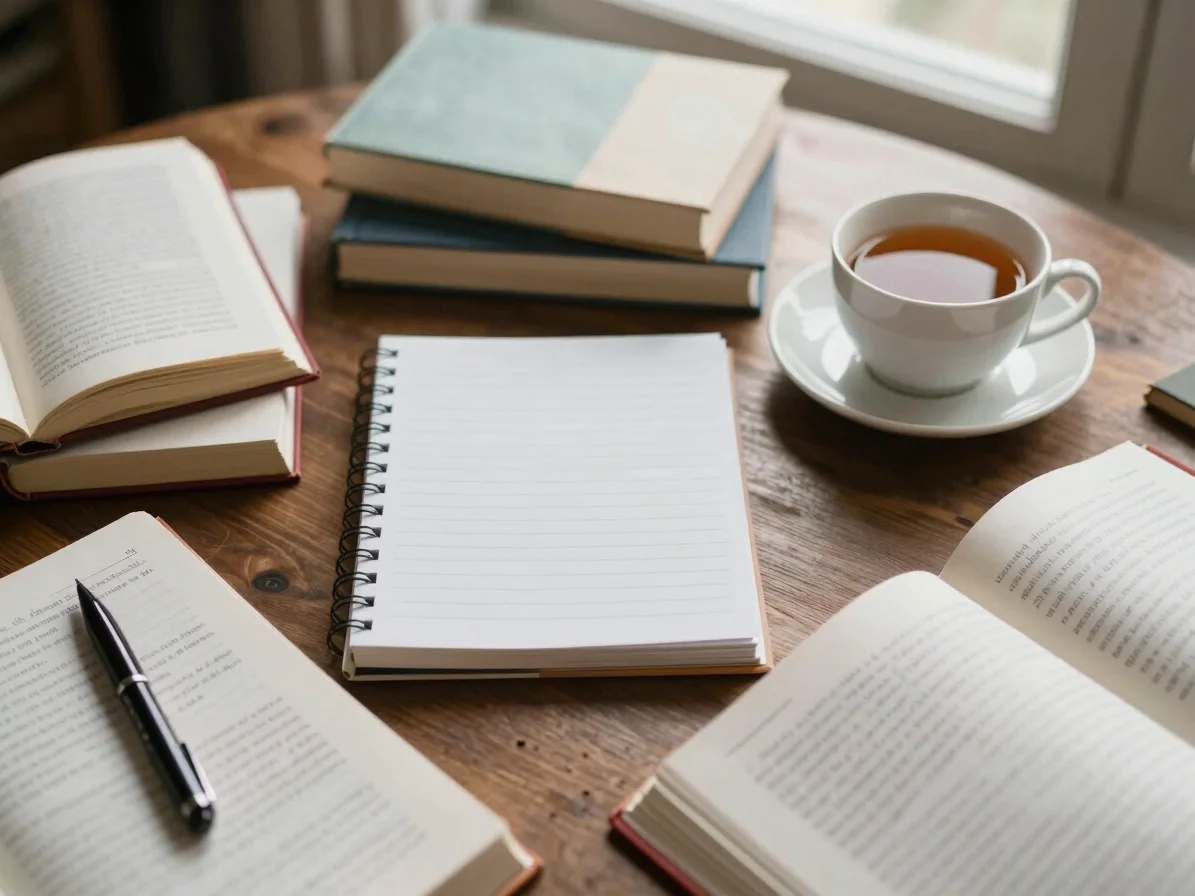 Clean overhead flat-lay of literature, study tools, and a hot cup of tea