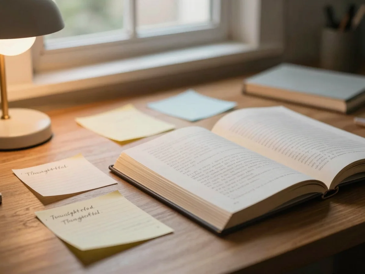 Thoughtful desk setup with notes, an open book, and soft ambient lamp lighting