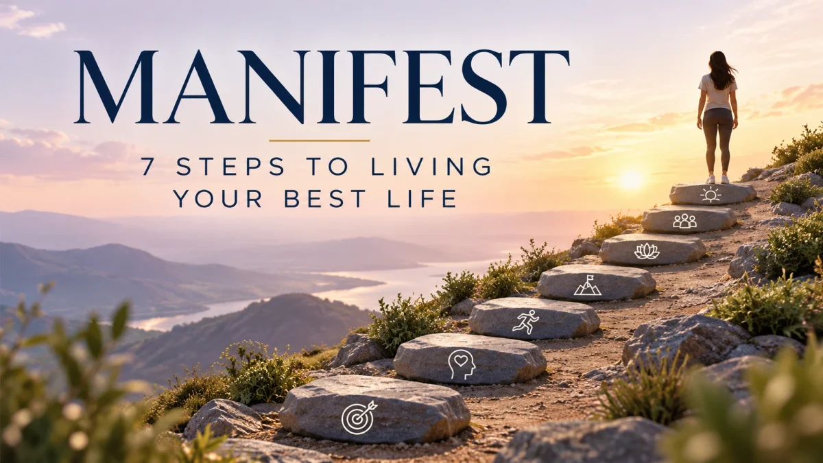 Manifest book summary featured illustration showing seven steps toward a brighter future