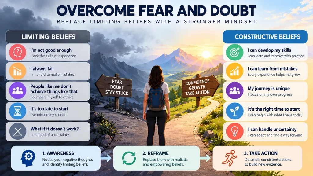 Infographic comparing limiting beliefs with constructive beliefs and showing three steps to overcome fear and self-doubt