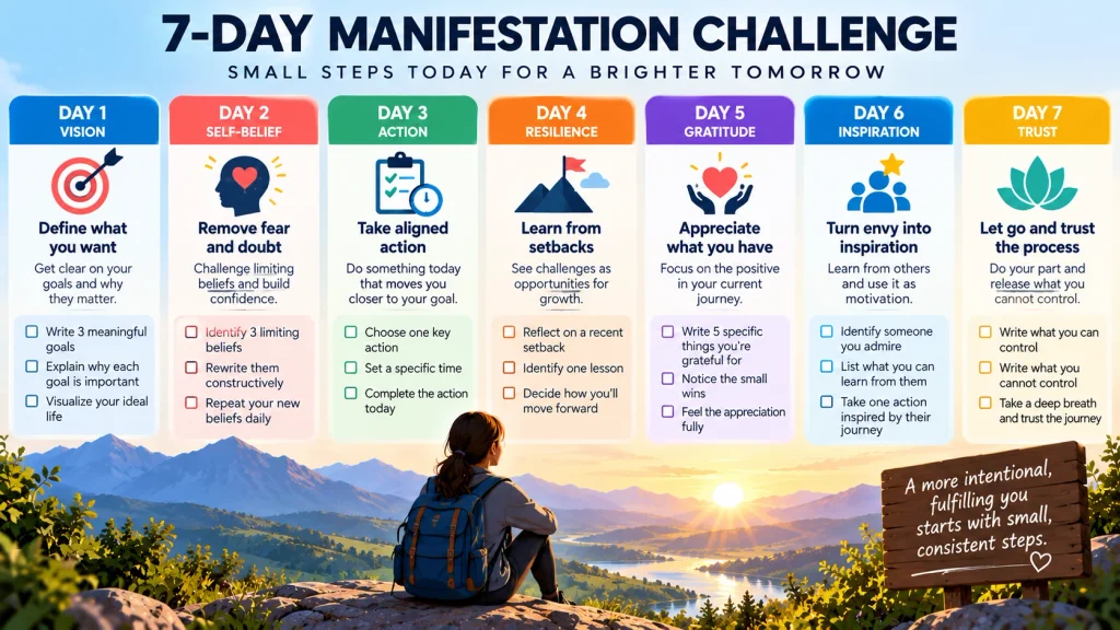 Seven-day manifestation challenge infographic with daily exercises for vision, self-belief, action, resilience, gratitude, inspiration, and trust