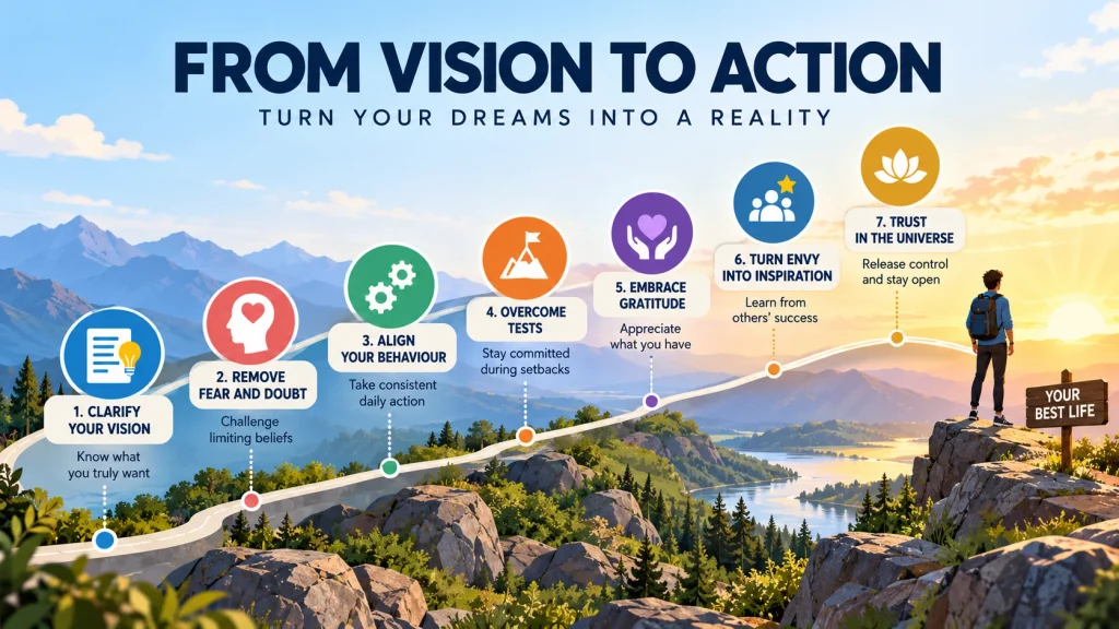 Manifest vision-to-action infographic illustrating Roxie Nafousi's seven steps toward personal growth