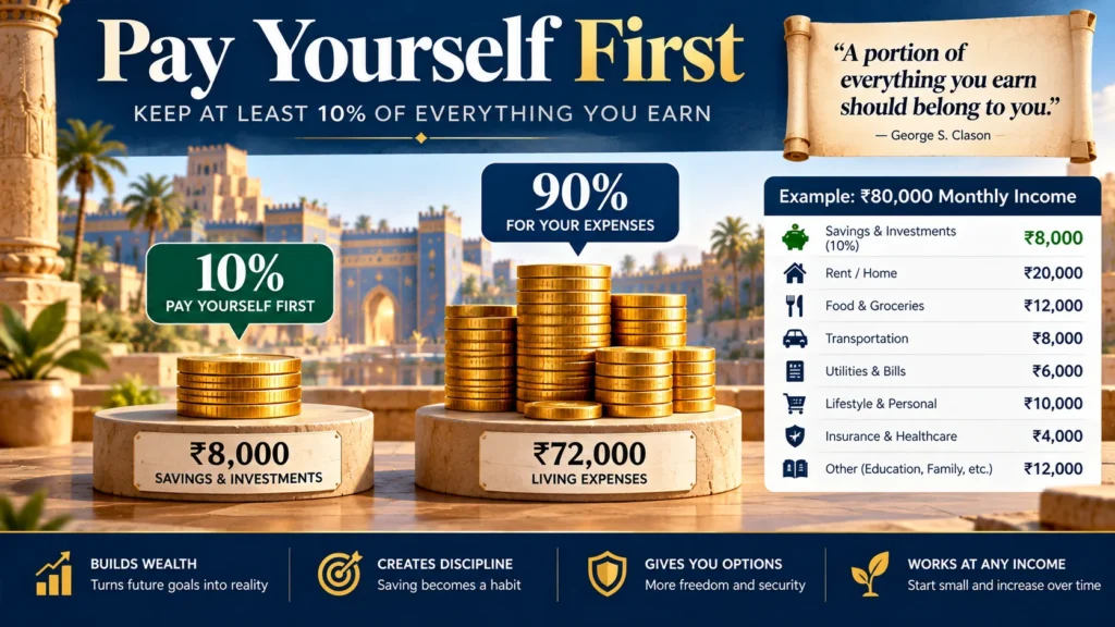 Pay Yourself First infographic showing how to save ₹8,000 from an ₹80,000 monthly income using the 10% savings rule.