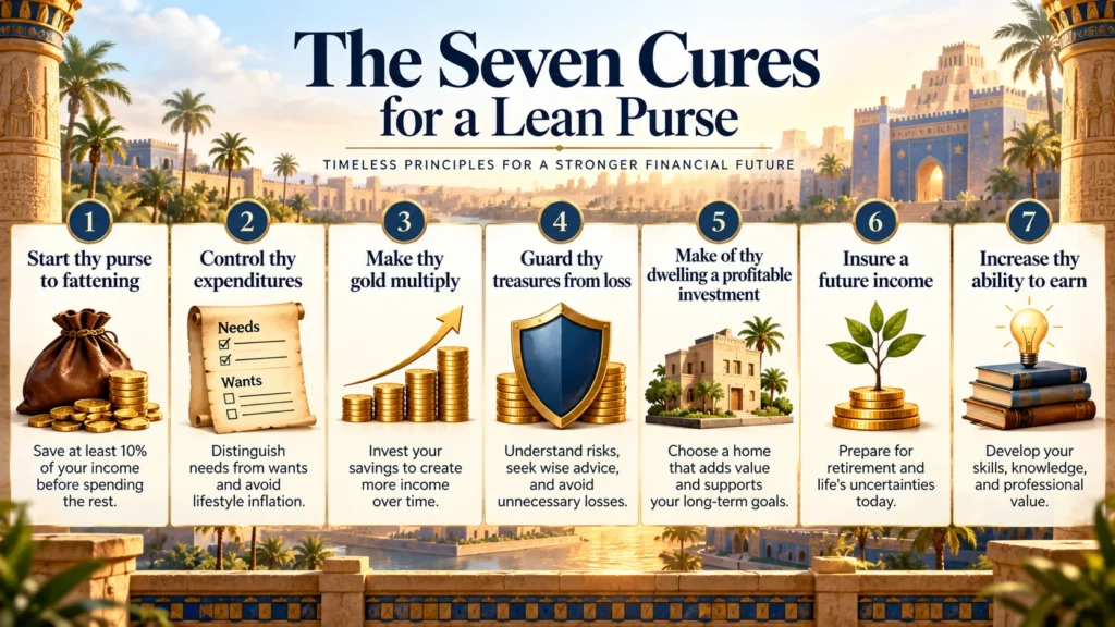 The Seven Cures for a Lean Purse infographic showing seven financial principles: saving, budgeting, investing, protecting wealth, housing, future income, and earning skills.