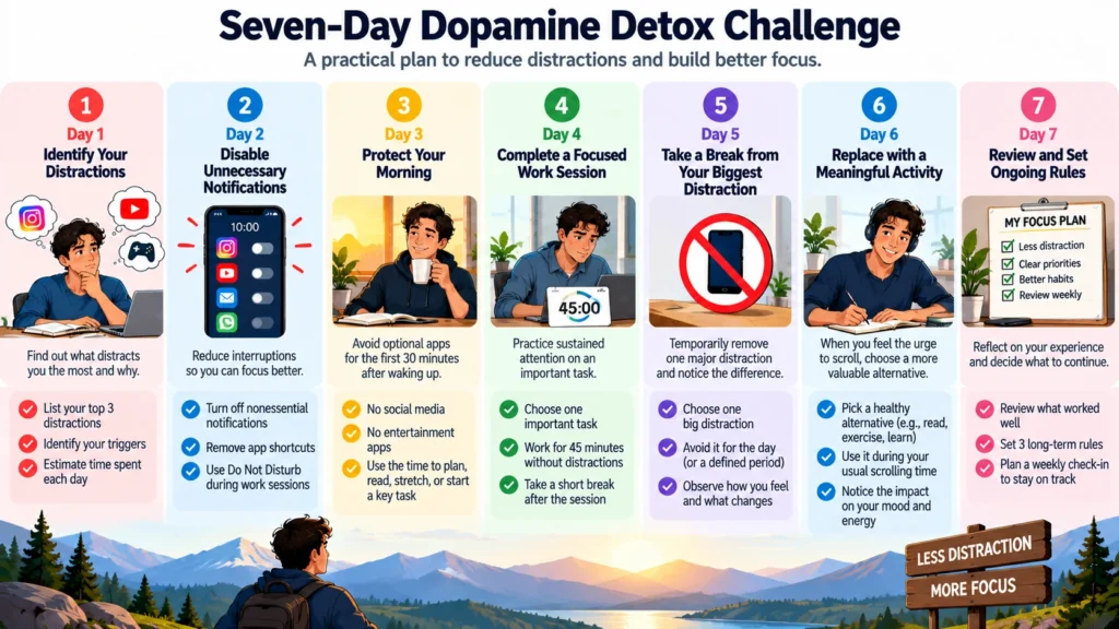 Seven-day dopamine detox challenge infographic showing daily steps to reduce distractions, improve focus, and build better habits