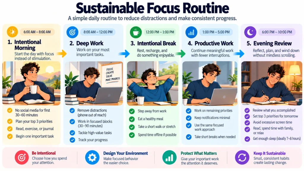 Sustainable focus routine infographic showing intentional mornings, deep work, healthy breaks, productive afternoons, and evening reflection