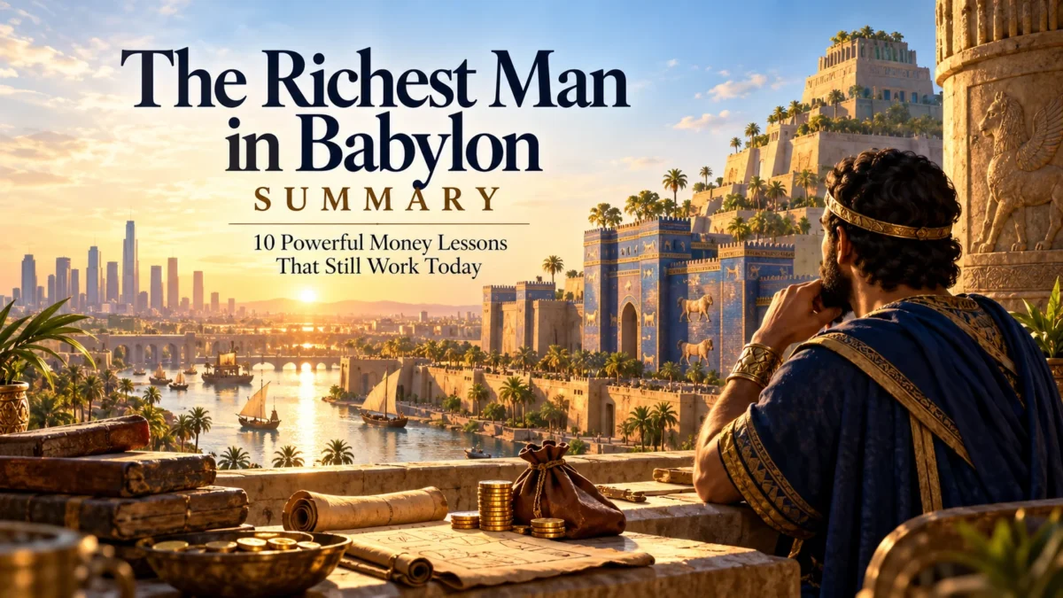 The Richest Man in Babylon Summary featuring ancient Babylon, gold coins, and 10 powerful money lessons by George S. Clason.