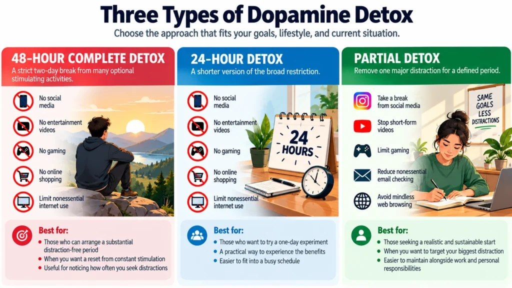 Three types of dopamine detox compared: 48-hour complete detox, 24-hour detox, and partial detox