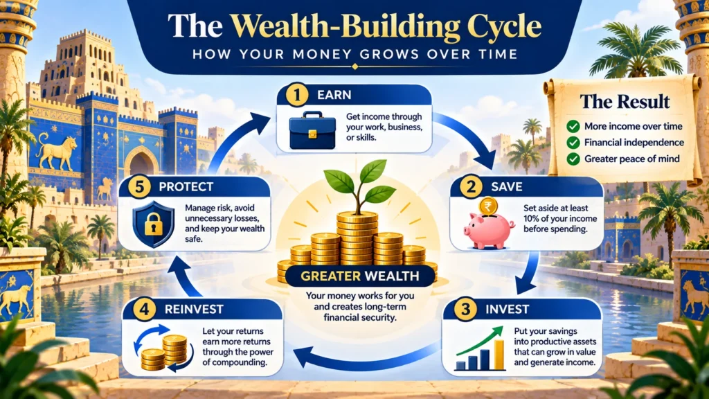 Wealth-Building Cycle infographic showing five connected steps: earn, save, invest, reinvest, and protect money to support long-term financial security.