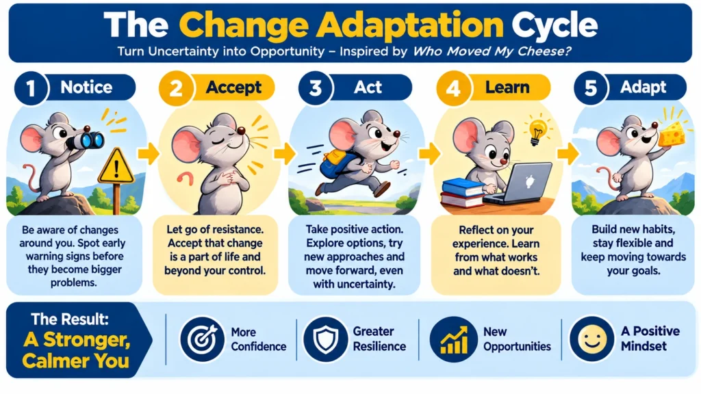 Five-step Change Adaptation Cycle inspired by Who Moved My Cheese, illustrating Notice, Accept, Act, Learn, and Adapt as a practical approach to handling change.