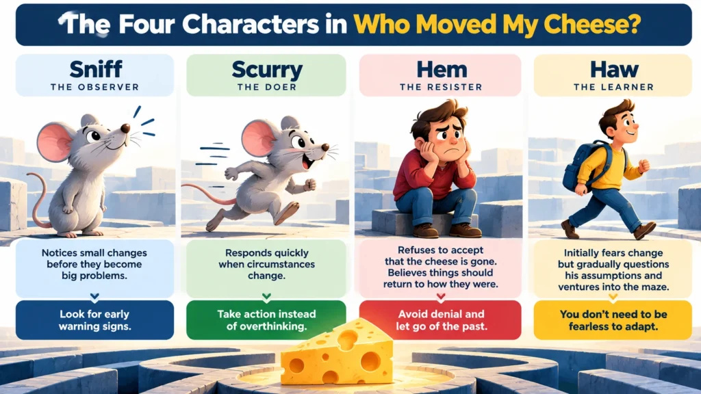 Infographic of Sniff, Scurry, Hem and Haw from Who Moved My Cheese, showing four responses to change: observing, acting, resisting and learning.