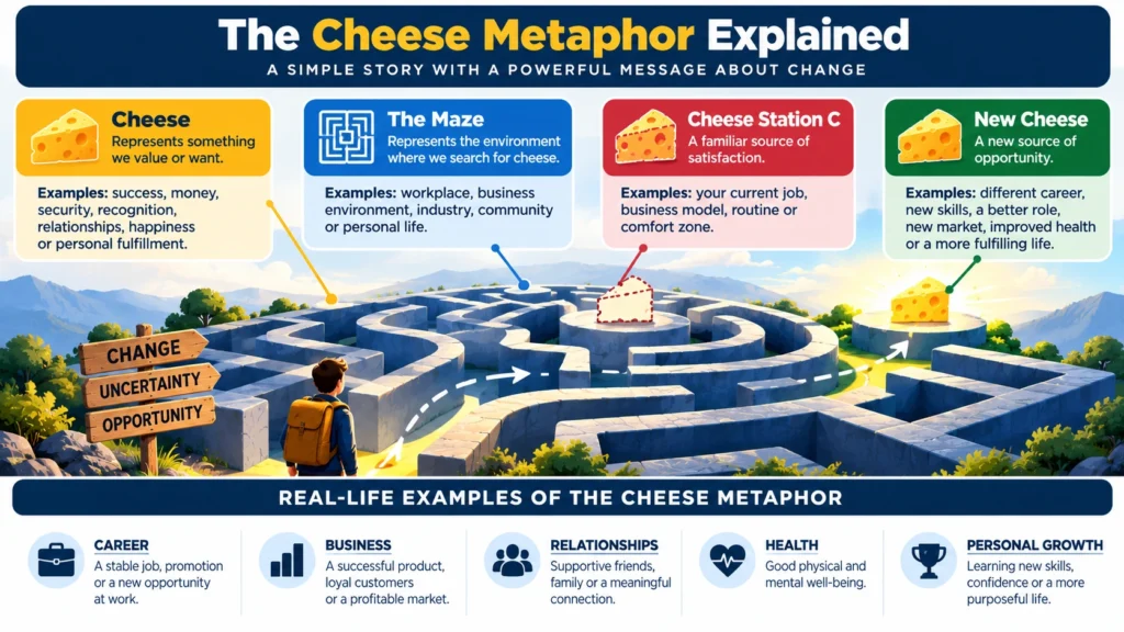 Infographic explaining the cheese metaphor in Who Moved My Cheese, showing cheese as personal goals, the maze as life's environment, and new cheese as fresh opportunities.