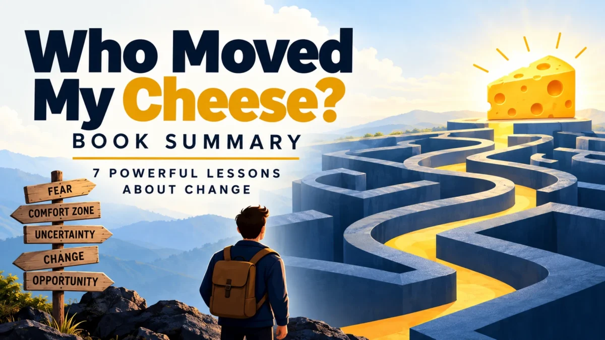 Who Moved My Cheese Summary illustration showing a person facing a maze with a golden path leading toward cheese, symbolizing change and opportunity.